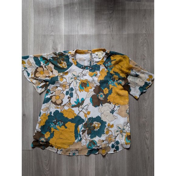 Cynthia Rowley Floral Print Blouse Yellow Teal Brown Short Sleeve Lightweight Wo - Picture 4 of 8